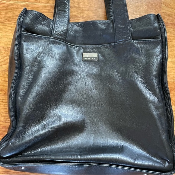 Perlina‎ NY Smooth Black Leather Square Tote - Picture 3 of 16